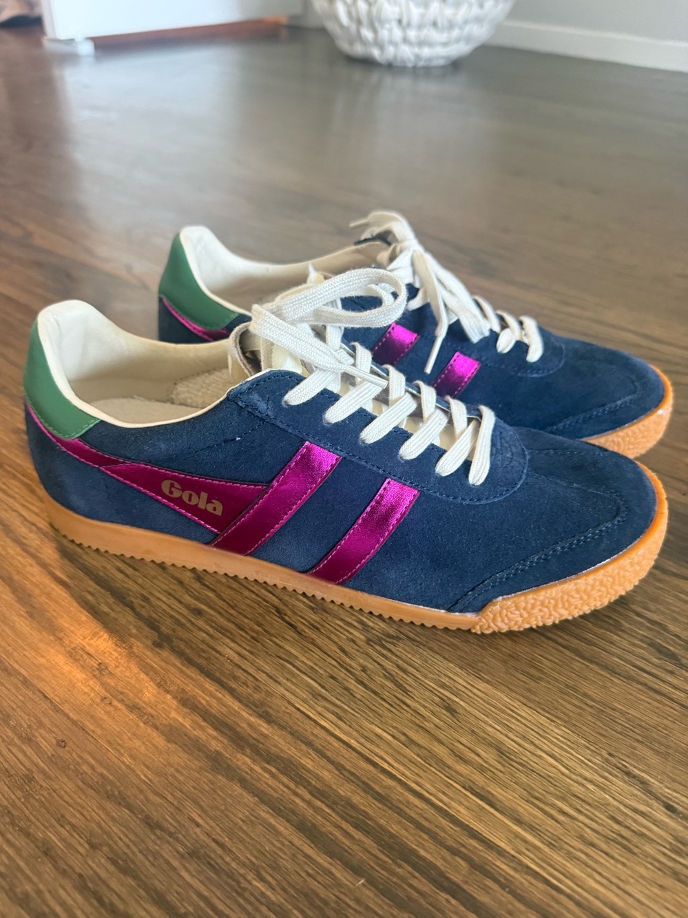 Gola Women’s Navy Suede Sneakers with Pink Stripes and Green Heel